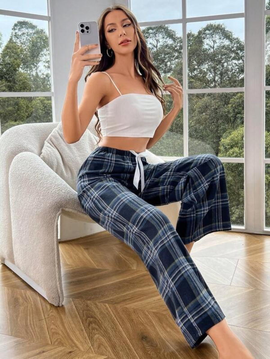 Tie Front Plaid Print Sleep Pants