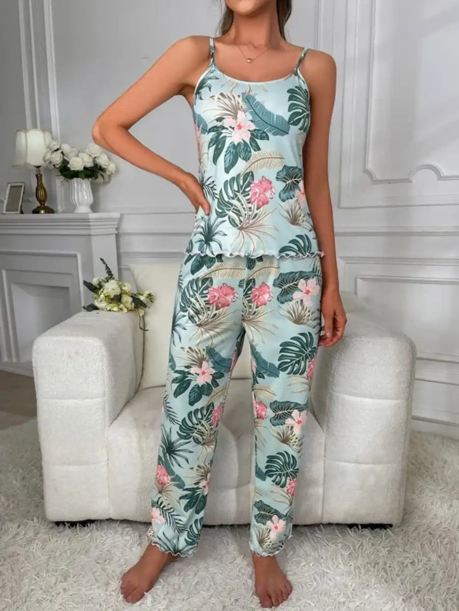 Tropical Print Cami Top And Pajama Set