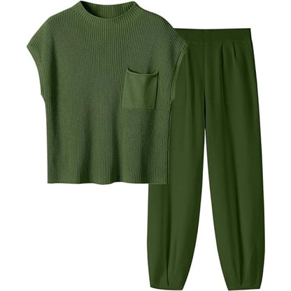 Two Piece Knit Sweater And Pants Set Green