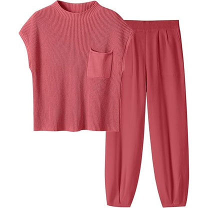 Two Piece Knit Sweater And Pants Set Pink