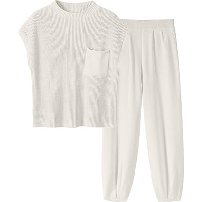 Two Piece Knit Sweatsuit Set White