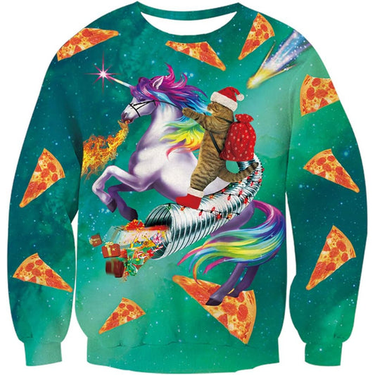 Unicorn And Pizza 3D Holiday Christmas Sweatshirt 6XL