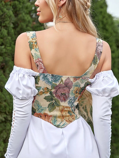 Vintage Butterfly And Floral Pattern Lace Up Corset Top