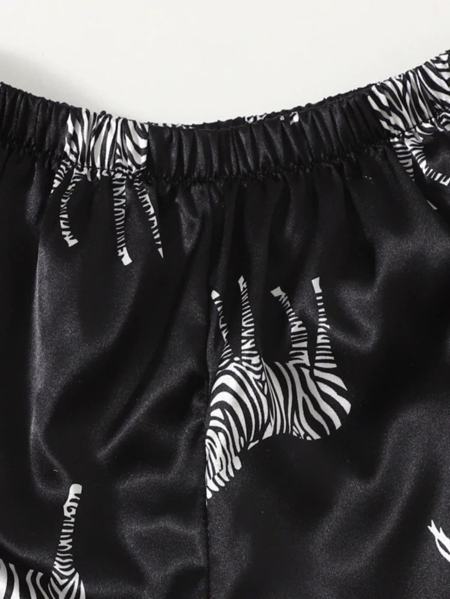 Zebra Print Contrast Binding Satin Shorts Set
