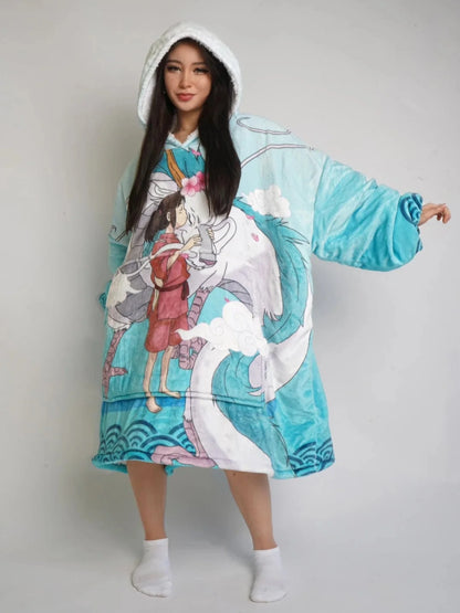 Anime Oversized Cozy Blanket Hoodie Light Blue