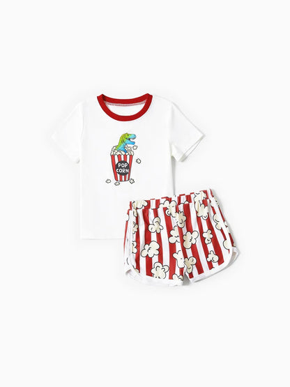 Family Matching Popcorn Pattern Top and Stripe Shorts Set Girl