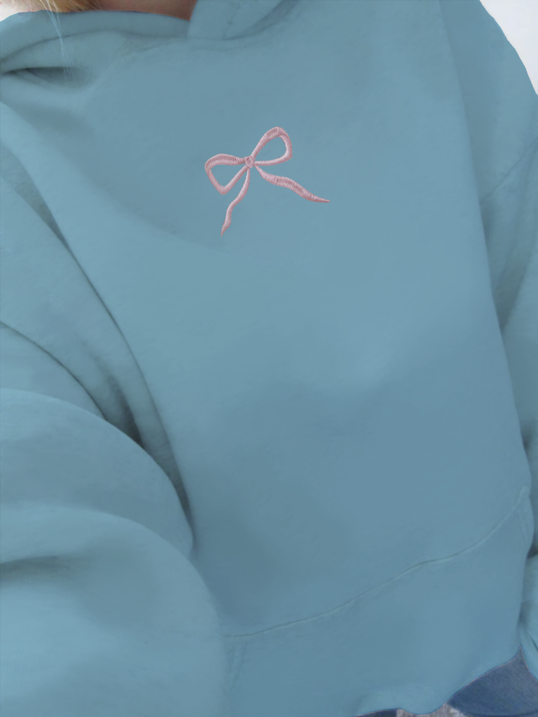 Embroidered Bow Printed Hoodie Light Blue