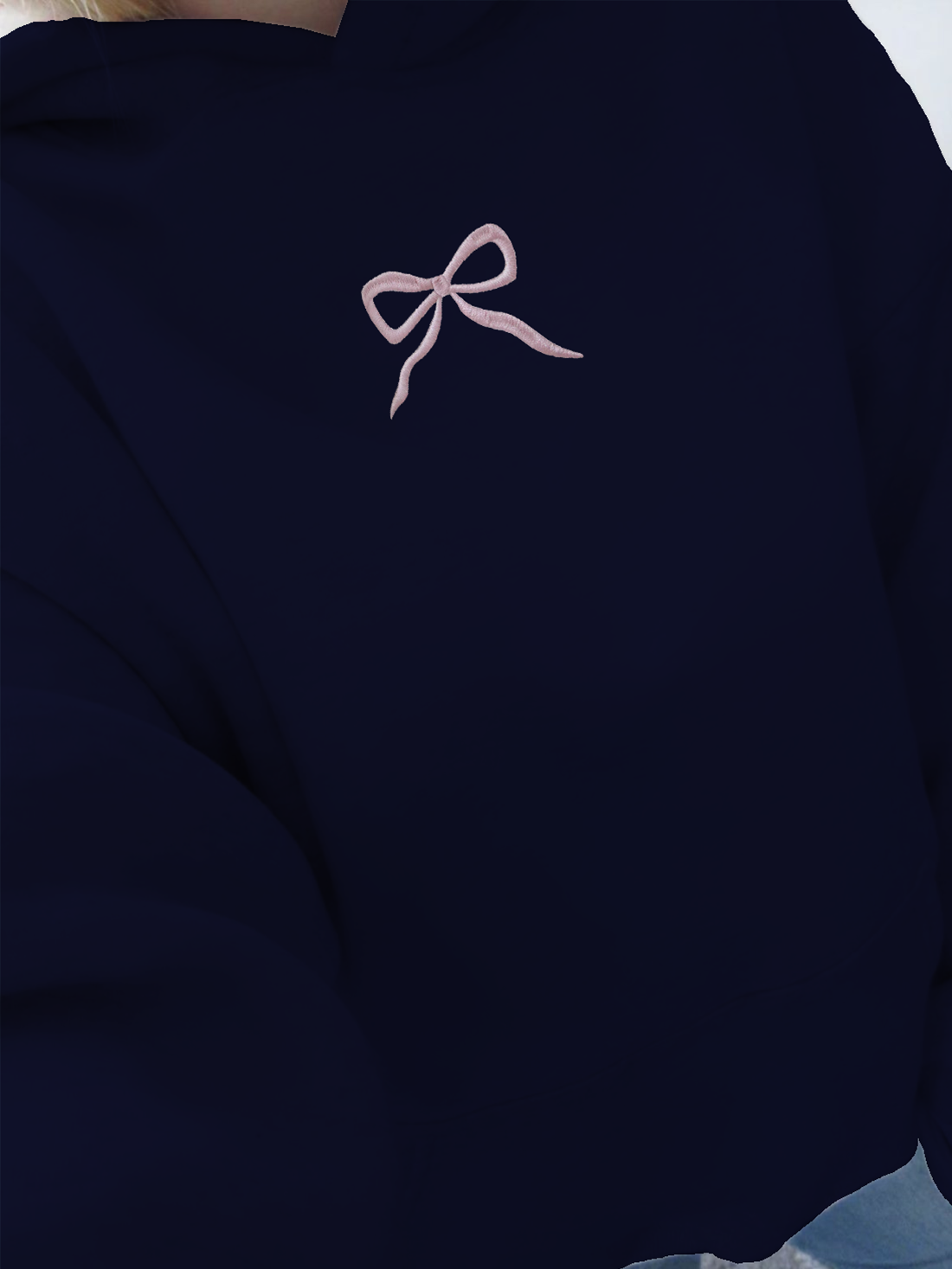 Embroidered Bow Printed Hoodie Navy Blue