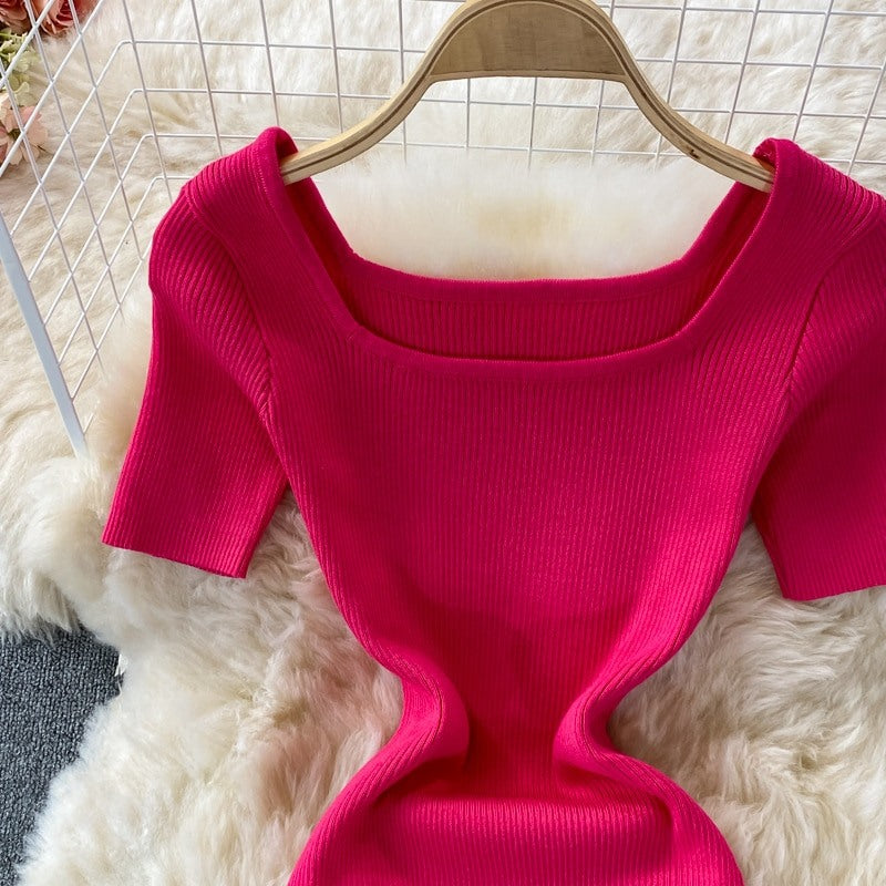 Retro Slit Slim Knitted Short Sleeve Dress For Women