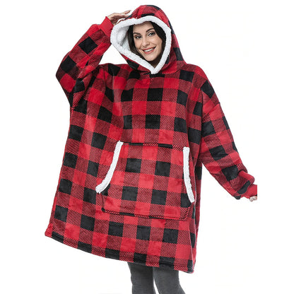 Printed Oversized Fleece Hoodie Wearable Blanket Red One Size