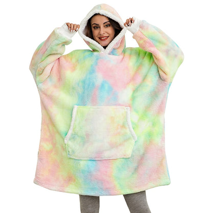 Tie And Dye Oversized Fleece Blanket Hoodie Wearable Blanket Light Green One Size