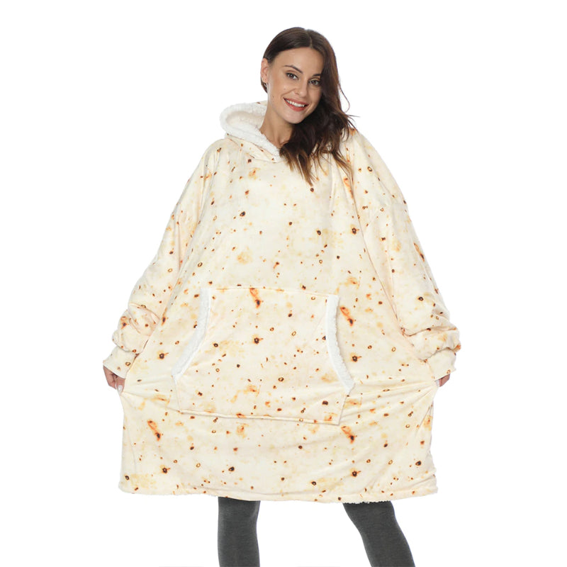 Printed Oversized Fleece Hoodie Wearable Blanket Beige One Size