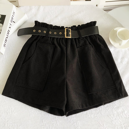 Women Corduroy Casual Straight Shorts With Belt