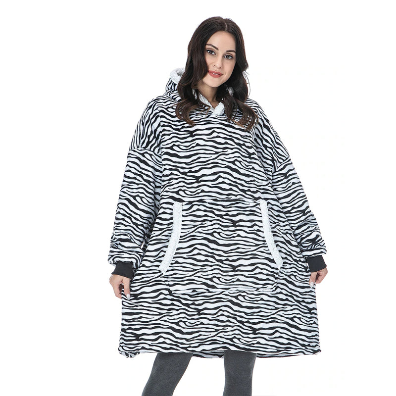 Printed Oversized Fleece Hoodie Wearable Blanket Black One Size