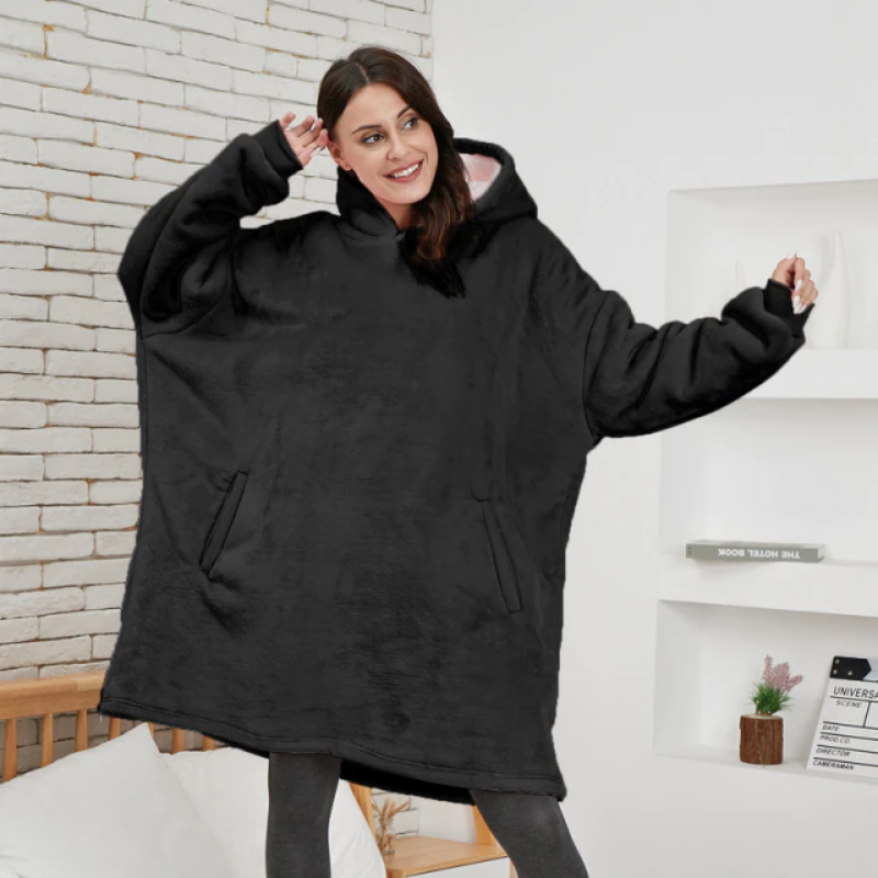 Warm Pocket Black Fleece Blanket Hoodie
