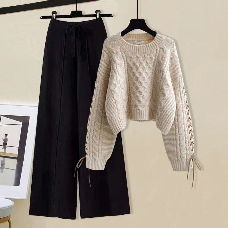 High-Waist Straight Loose Lace-Up Pants