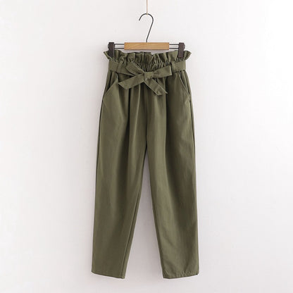 Bow Lace-Up Elastic Waist Casual Women Pants Green One Size