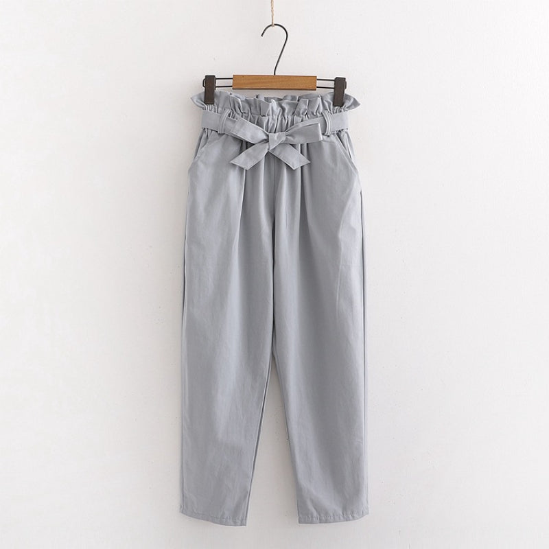 Bow Lace-Up Elastic Waist Casual Women Pants Grey One Size