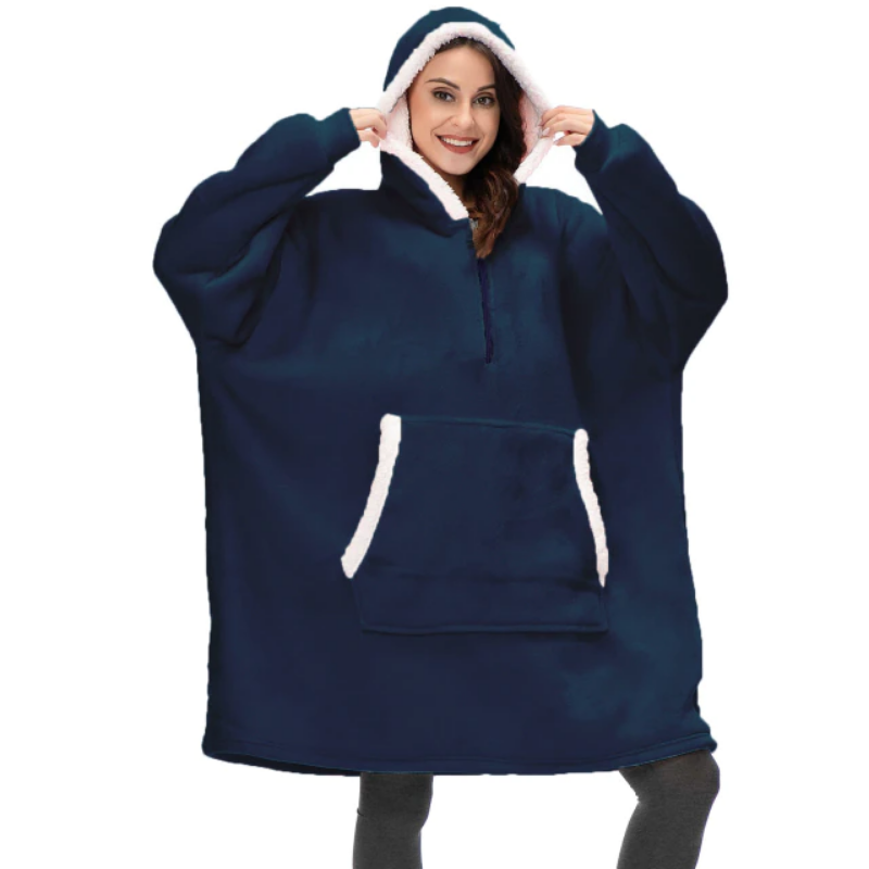 Blue Half Zipper Warm Blanket Hoodie