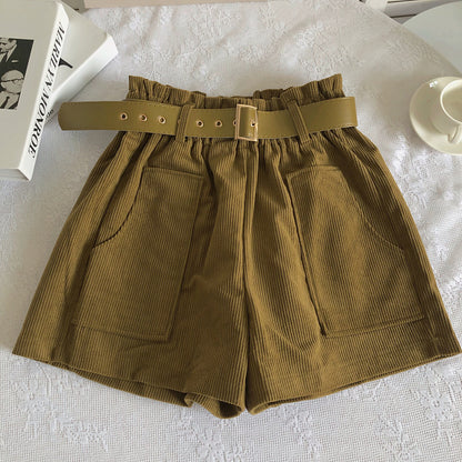 Women Corduroy Casual Straight Shorts With Belt