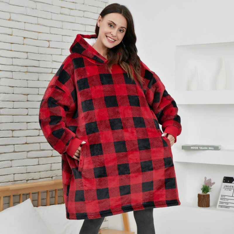 Warm Pocket Red and Black Fleece Blanket Hoodie