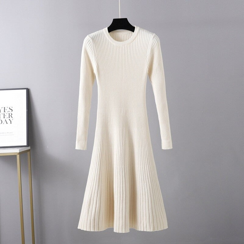 O-Neck Slim Long Knitted Maxi Sweater Dress One Size Off-White