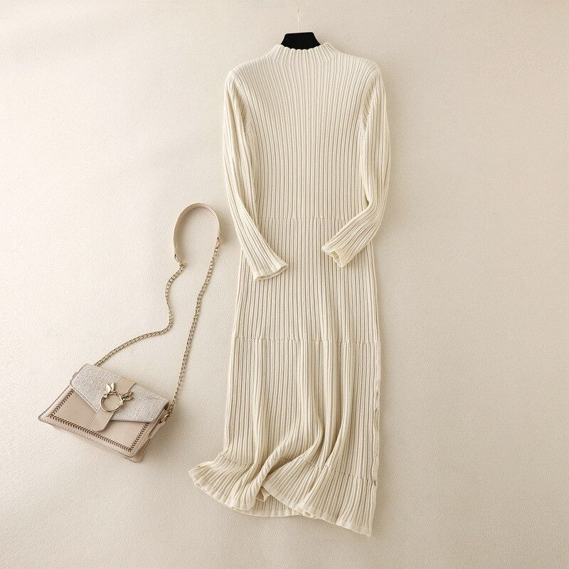 Pleated Mock Neck Knitted Sweater Dress