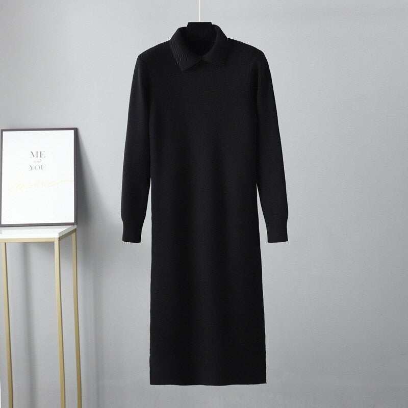 Oversized Polo Collar Knitted Long Straight Sweater Dress