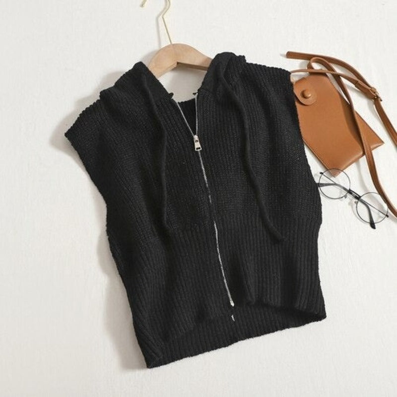 Loose Knitted Hooded Zipper Sweater Vest For Women