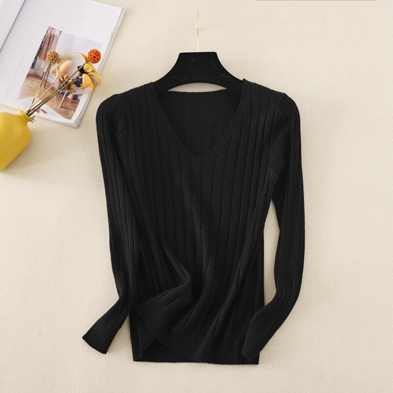 Basic V-Neck Solid Bodycon Knitted Sweater For Women Black One Size