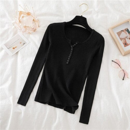 V-Neck Knitted Thin Long Sleeves Pullover For Women