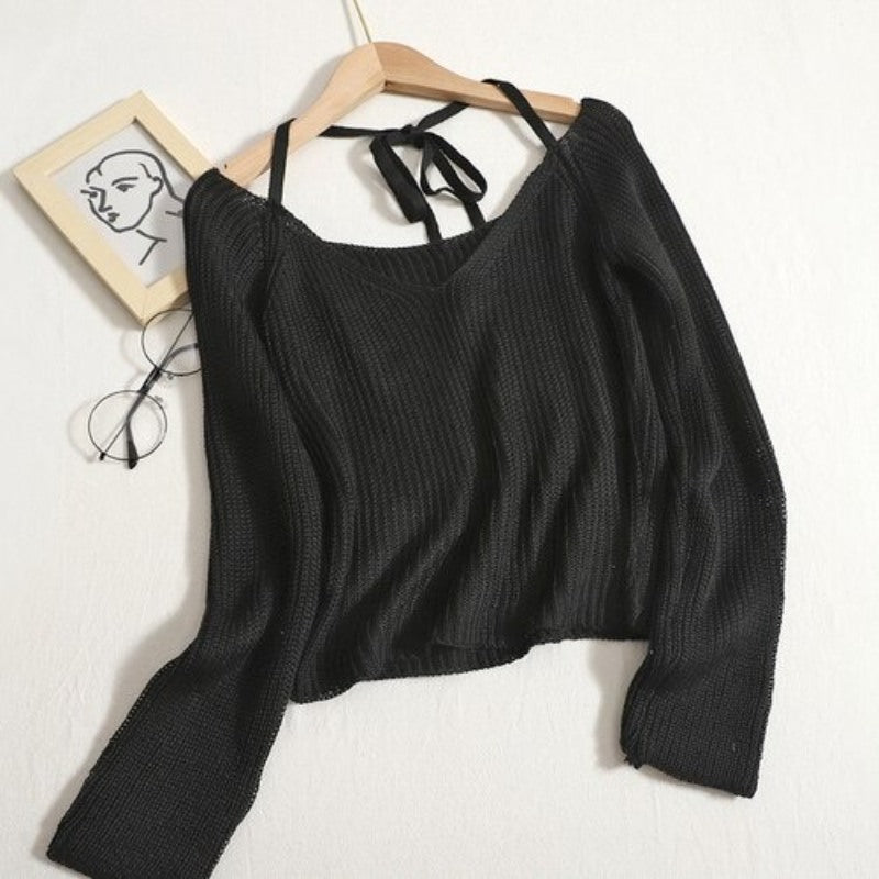 V-neck Long-Sleeved Knitted Crop T-Shirts For Women