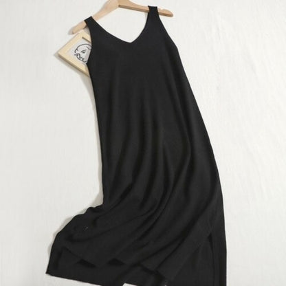 Warm V-Neck Knitted Long Sweater Dress Black One Size