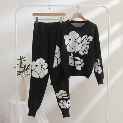 Casual Flower Printed Knitted Two-Piece Set For Women