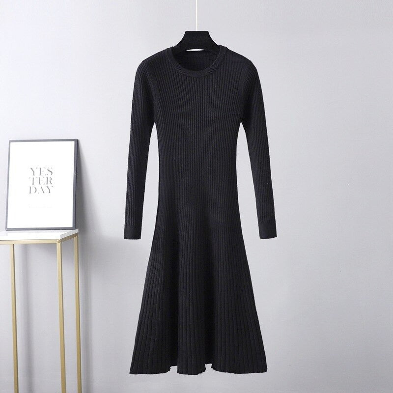 O-Neck Slim Long Knitted Maxi Sweater Dress One Size Black