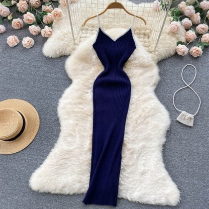 V Neck Knitted Hollow Sleeveless Dress For Women Blue One Size