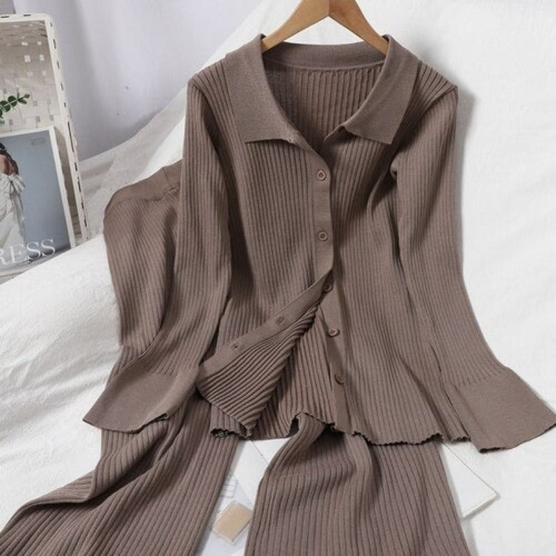 Knitted Two Piece Cardigan Shirt And Pants For Women