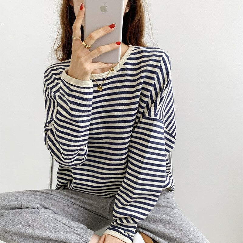 Long Sleeved Striped Sweatshirt For Women Blue