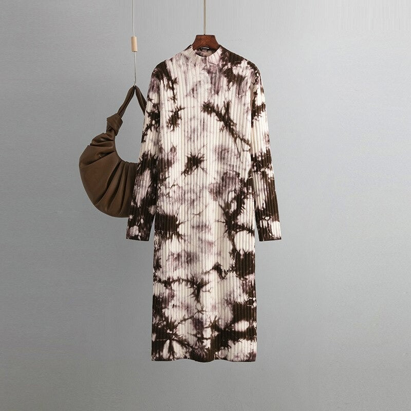 Loose Midi Retro Printed Soft Tie-Dyed Knitted Dress