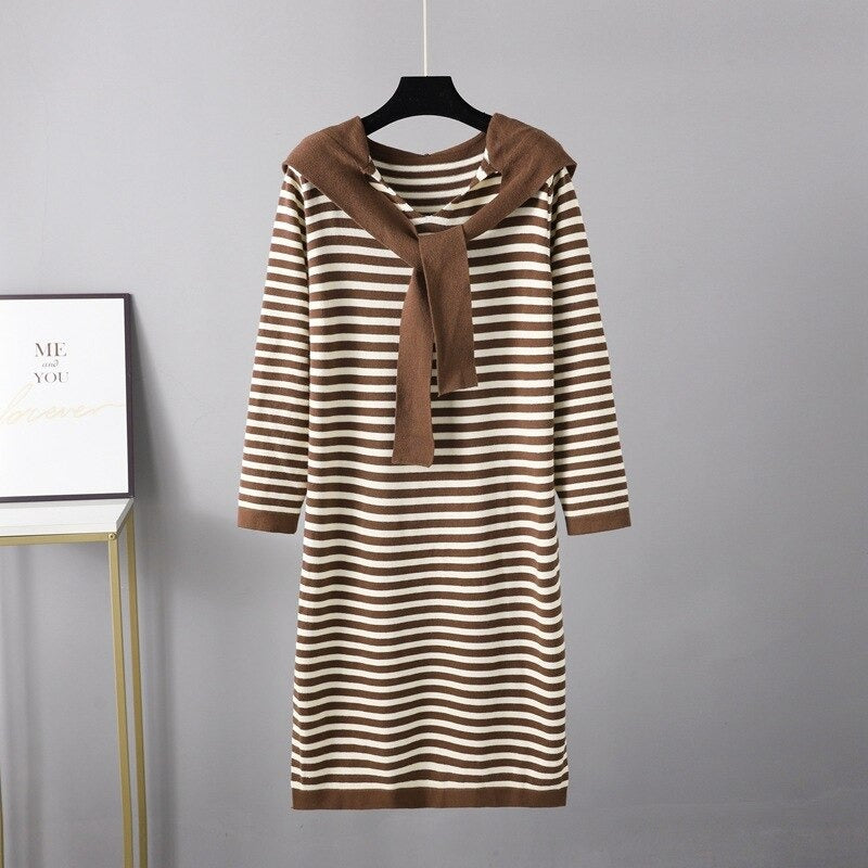 Women's Hooded Loose Striped Sweater Dresses With Shawl One Size Brown