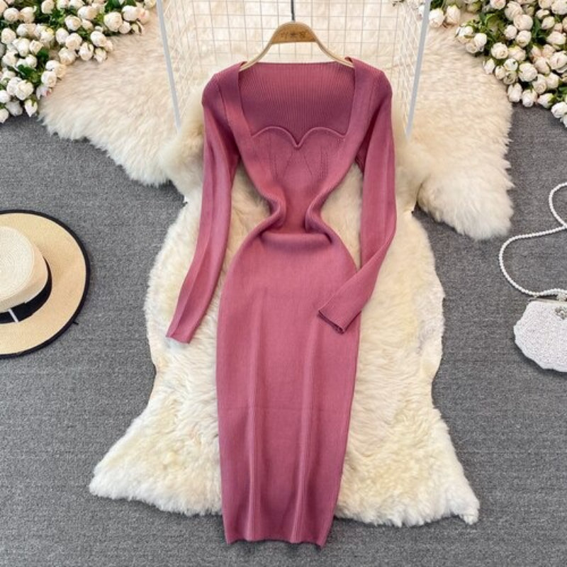 Women's Low-Neck Leaky Tight Stretch Knitted Dress Fuchsia One Size