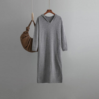 Casual Hooded Long Sweater Dress For Women Gray One Size