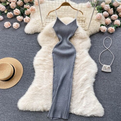 V Neck Knitted Hollow Sleeveless Dress For Women Gray One Size