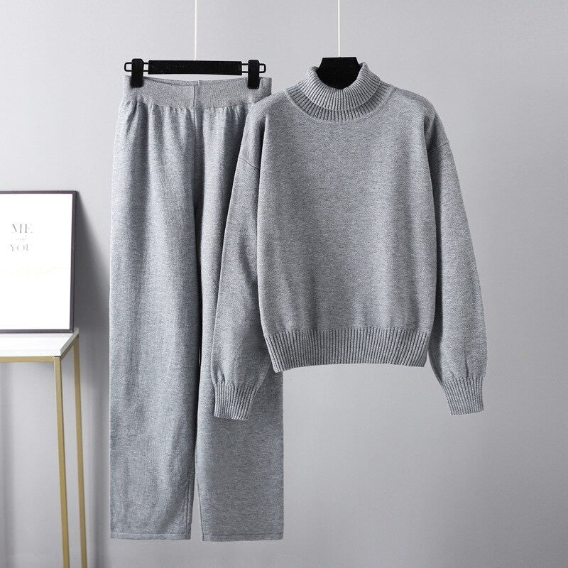 Solid Casual Outerwear Knit Two Piece Women Set
