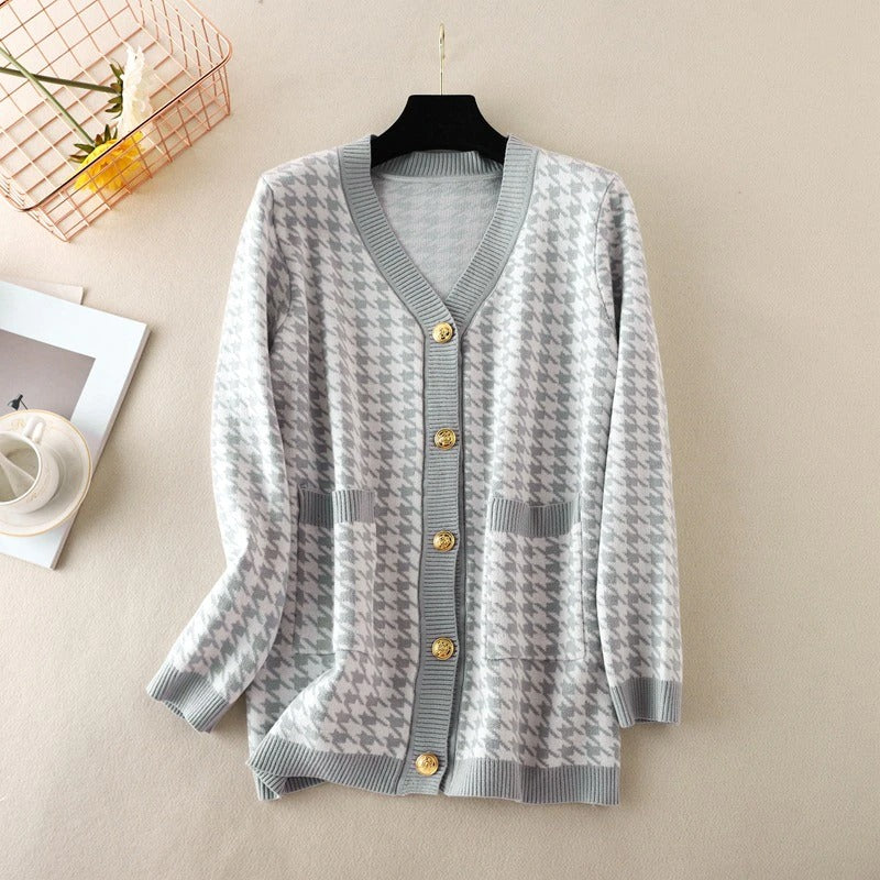 Elegant Houndstooth Knit Oversized Cardigan For Women Gray One Size