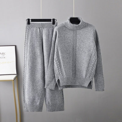 Turtleneck Thickened Knitted Sweater And Pants For Women