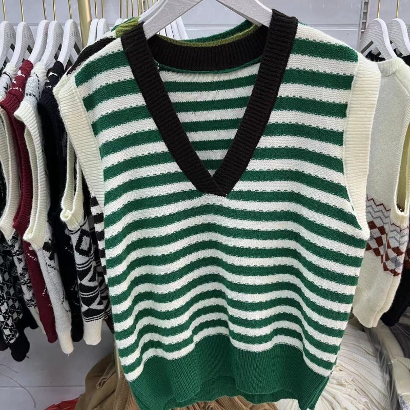 Retro Stripes Knitted Sweater Vest For Women Black One Size