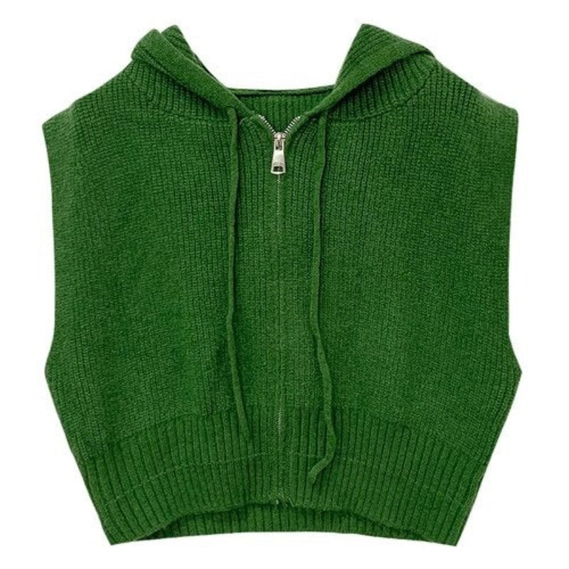 Loose Zipper Knitted Hooded Sweater Vest For Women