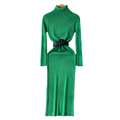 Long Turtleneck A-Line Knitted Bodycon Dress With Belt