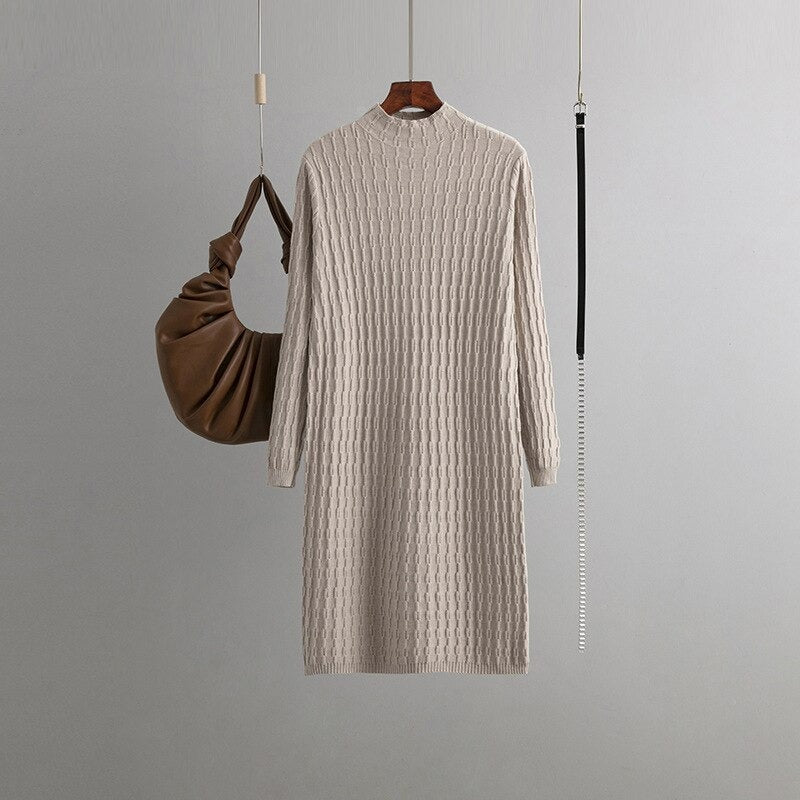 Casual Loose Knitted Long Sweater Dress With Belt